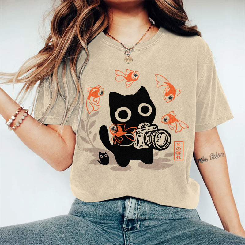 100% Cotton Women's  Japanese Fish & Black Cat With Camera Art Print Casual T-shirt - Khaki - 2XL - image 5