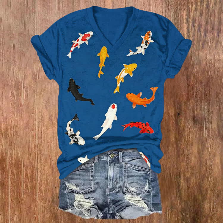 Japanese Vintage Koi Fish Pattern Print Short Sleeved V-Neck T-Shirt - Dark Blue - US32-34(5XL) - image 3