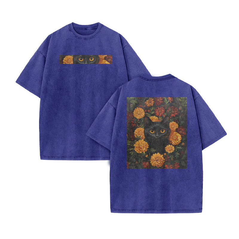 A Black Cat In A Field Of Chrysanthemums Print Acid Washed T-shirt - Blue - US20-22(3XL) - image 8
