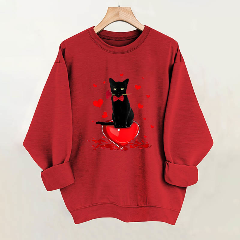 100% Cotton Valentine's Day Cat Hearts Print Crew Neck Sweatshirt - Red - 2XL - image 2