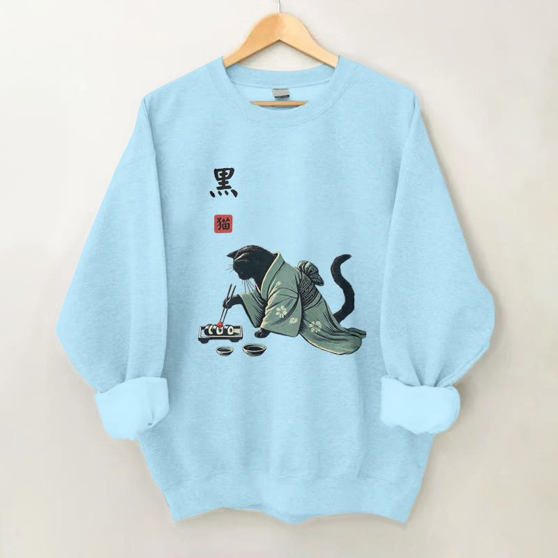 100% Cotton Traditional Cat Eating Sushi Print Round Neck Casual Fleece Sweatshirt - Blue - 2XL - image 3