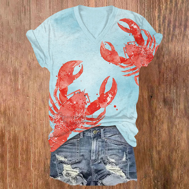 Watercolor Red Lobster Art Print V-neck T-shirt - Blue - US32-34(5XL) - image 4