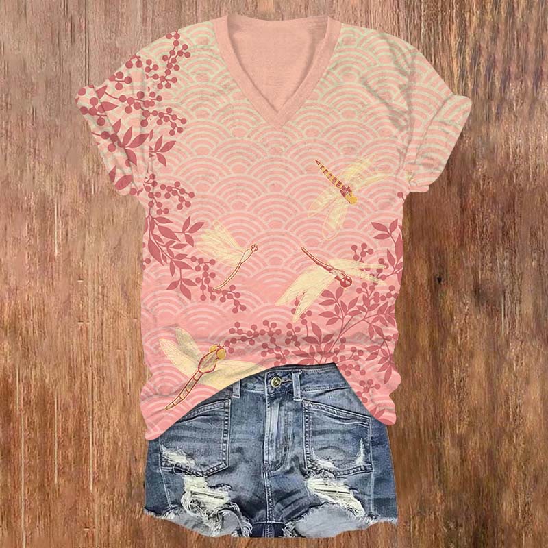 Ombre Ocean Wave & Dragonfly Art Print V-neck T-shirt - Pink - US32-34(5XL) - image 2