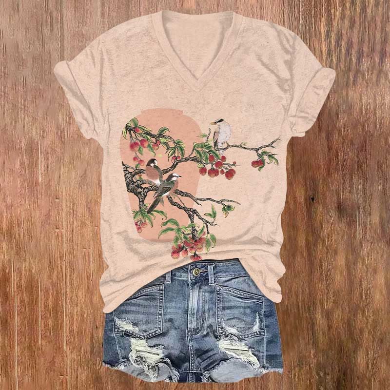 Vintage Birds On Fruit Tree Art Print V-neck T-shirt - Pink - US32-34(5XL) - image 3