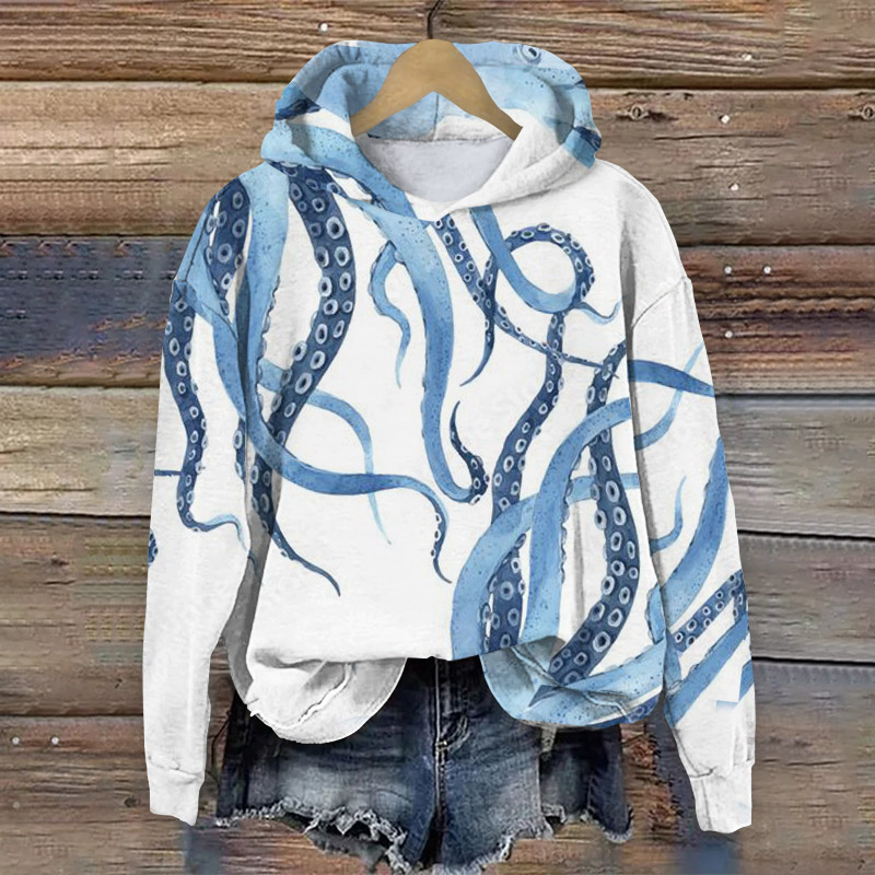 Japanese Art Abstract Octopus Pattern Print Long Sleeve Hoodie - Blue - 8XL - image 1