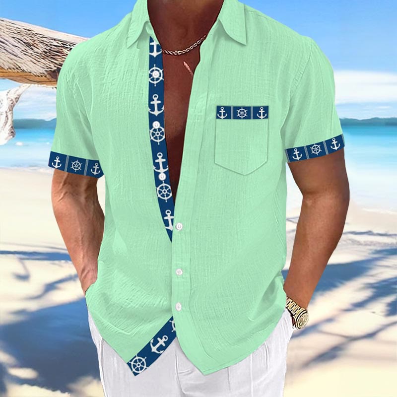 Men's Summer Vacation Anchor Print Lapel Shirt - Green - 5XL - image 4