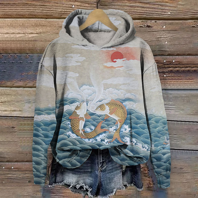 Waves And Fish Print Print Casual Hoodie - Blue - 8XL - image 1