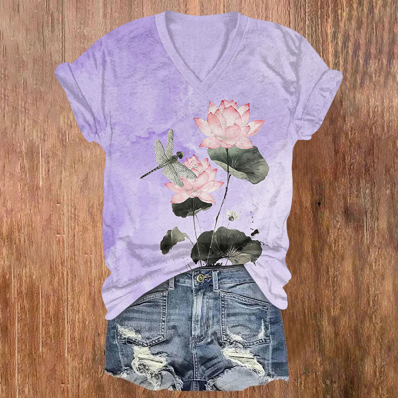 Watercolor Lotus Blossom & Dragonfly Art Print V-neck T-shirt - Purple - US32-34(5XL) - image 3