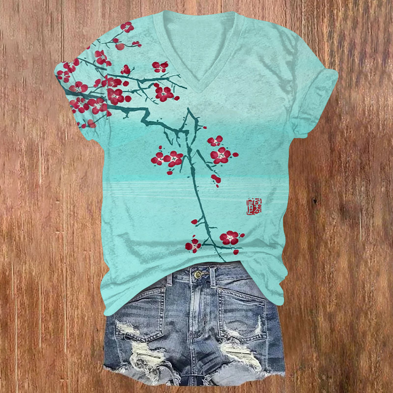 Japanese Watercolor Sakura Pattern Print Short Sleeved V-neck T-shirt - Blue - US32-34(5XL) - image 1