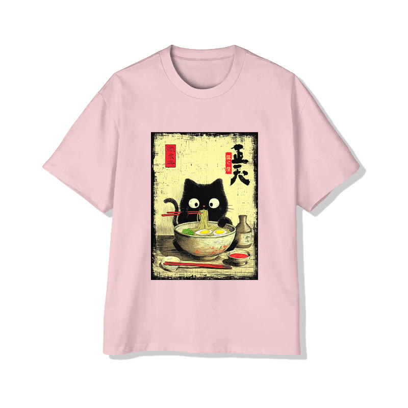 Unisex Japanese Black Kitten Eating Ramen Print Short Sleeved Crew Neck T-shirt - Pink - 2XL - image 5