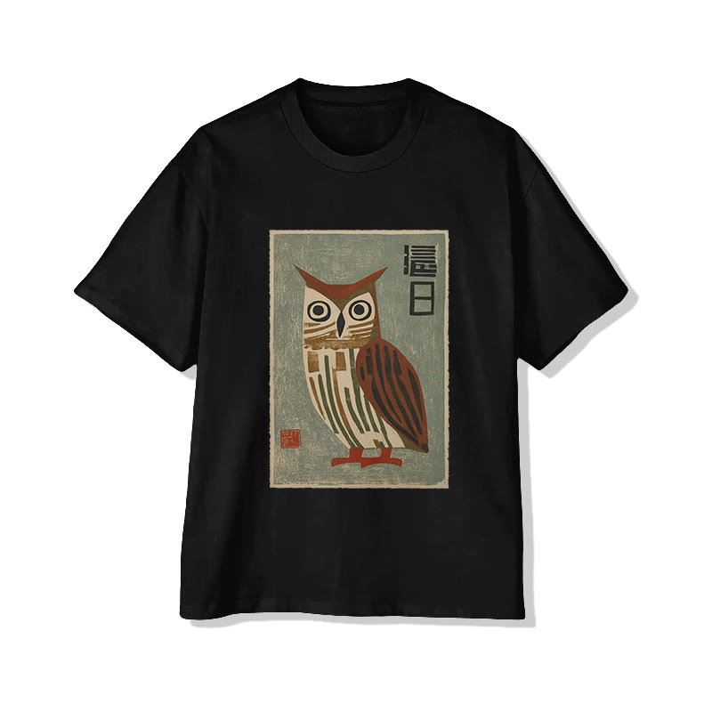 Japanese Vintage Owl Graphic Print Short Sleeved Crew Neck T-shirt - Black - 2XL - image 3