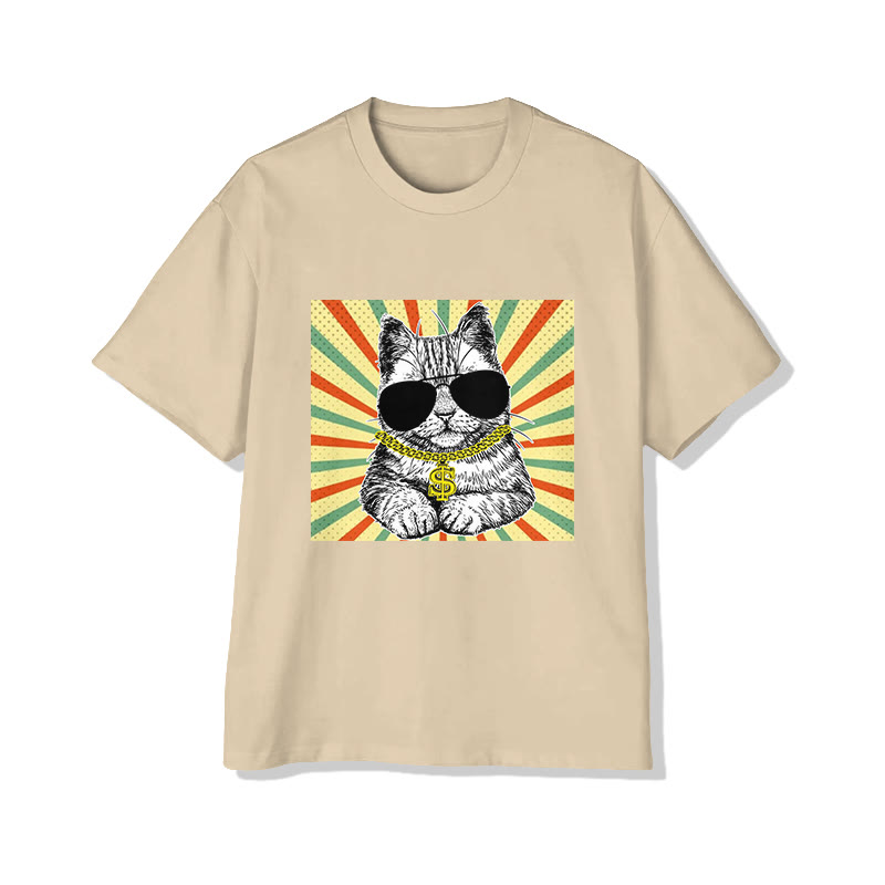 Unisex Wealthy Cat Pattern Short Sleeved Crew Neck T-Shirt - Apricot - 2XL - image 4