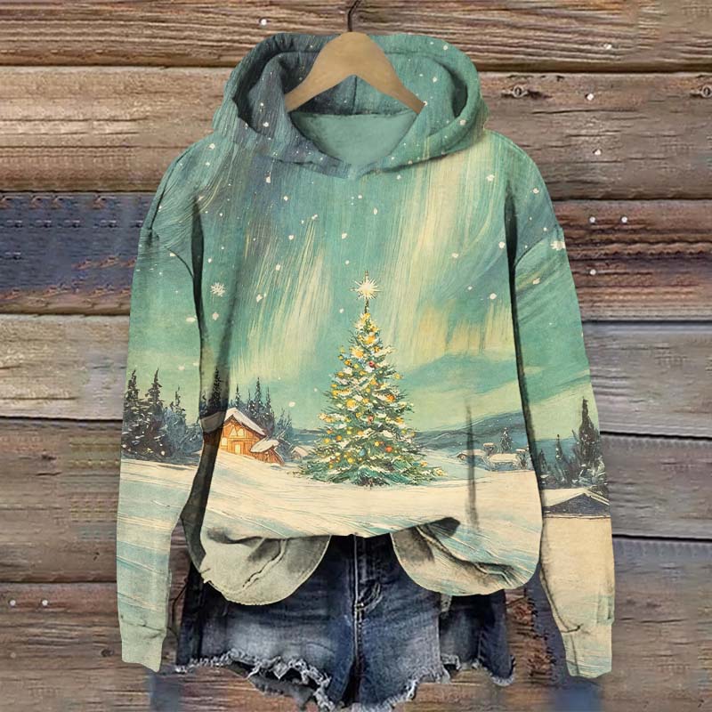 Oil Painting Winter Snowy Christmas Tree Art Print Long Sleeve Hoodie - Green - US44-46(8XL) - image 2
