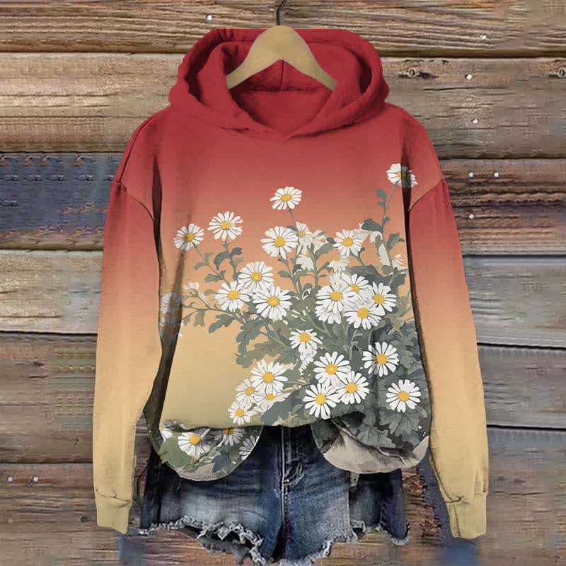 Japanese Lovely Daisy Art Print Long Sleeve Hoodie - Red - US44-46(8XL) - image 4