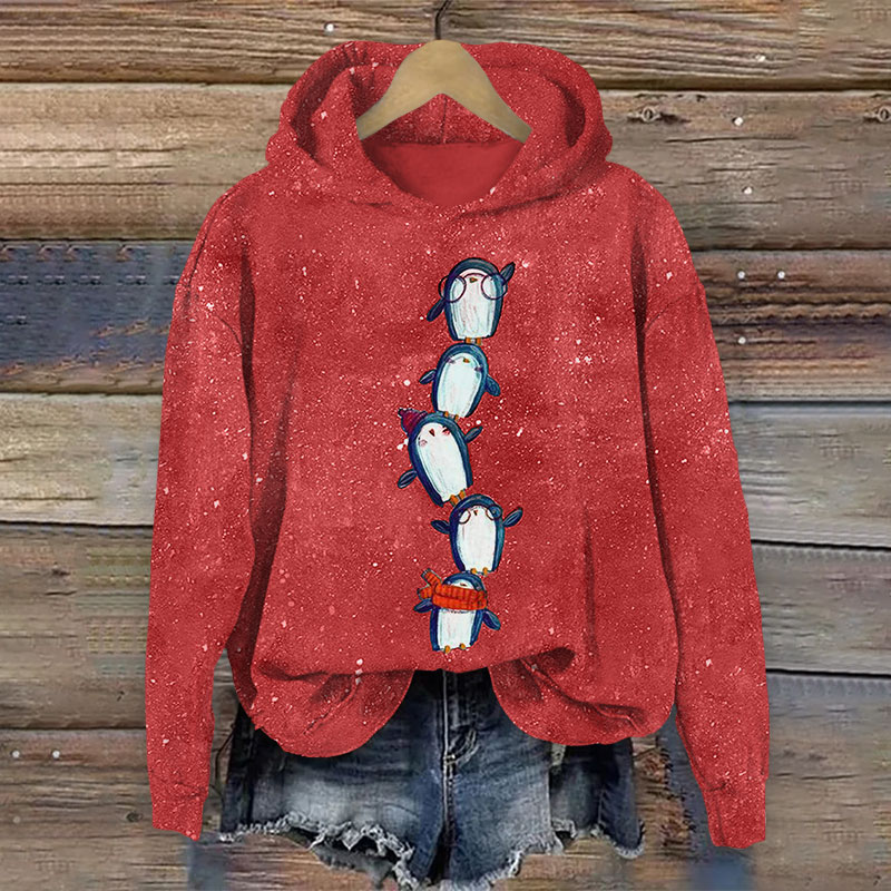 Vintage Lovely Stacking Penguins Print Long Sleeve Hoodie - Red - US44-46(8XL) - image 2