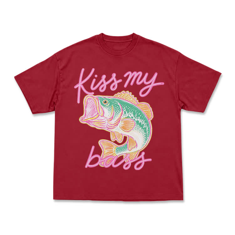 Casual Kiss My Bass Fish Graphic T-Shirt - Red - US16-18(2XL) - image 8