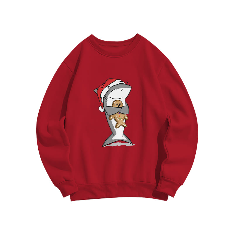 Christmas Lovely Shark Holding Gingerbread Man Print Crew Neck Sweatshirt - Red - US16-18(2XL) - image 8
