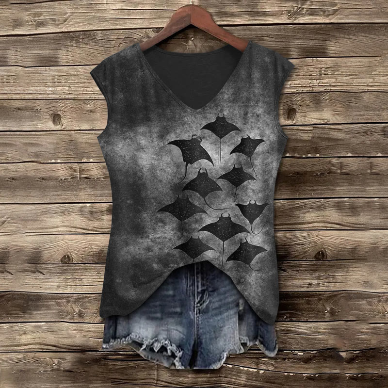 Vintage Manta Ray Art Print V Neck Casual Tank Top - Dark Grey - 5XL - image 5