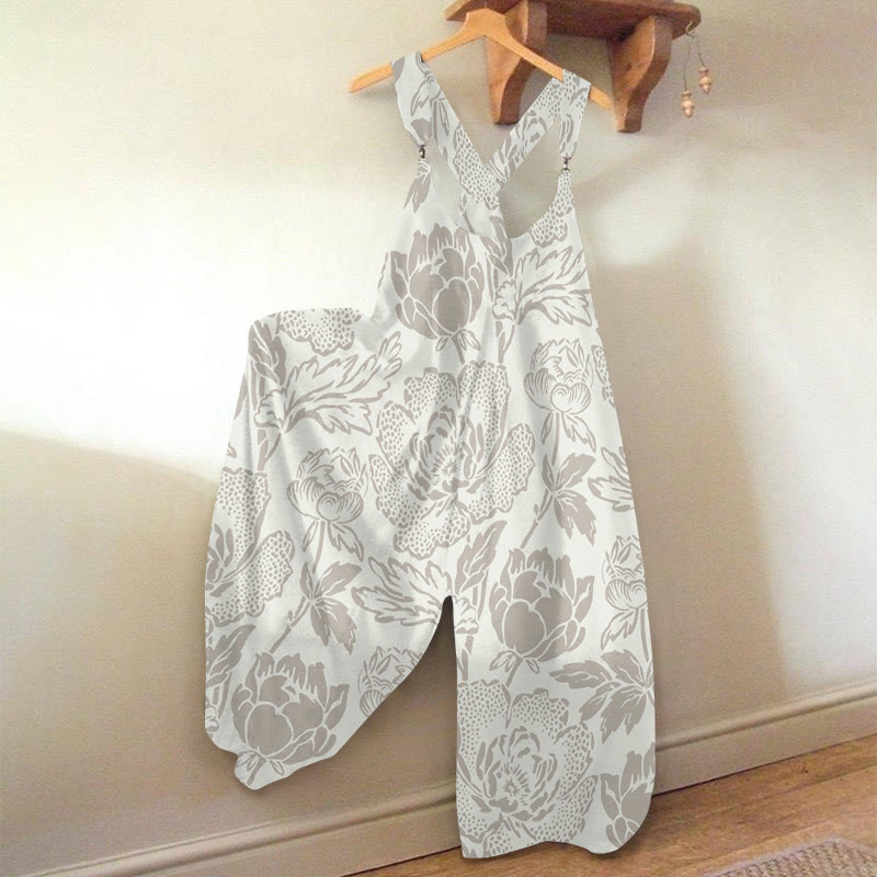 Women's Japanese Vintage Floral Art Print Jumpsuit  - Apricot - 5XL - image 3