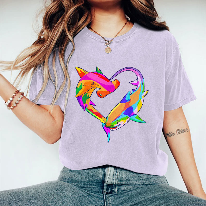 100% Cotton Valentine's Day Shark Heart T-shirt - Purple - 2XL - image 9