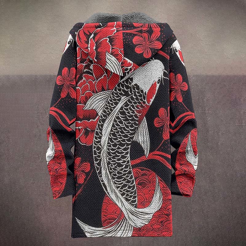 Japanese Red Sakura And Ink Koi Fish Print Unisex Plush Thick Long-sleeved Fleece Jacket Coat - image 4