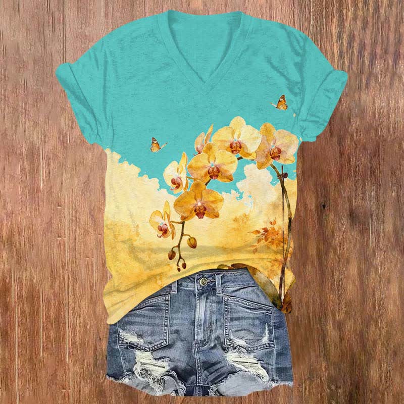 Vintage Yellow Phalaenopsis Art Print V-neck T-shirt - Blue - US32-34(5XL) - image 5