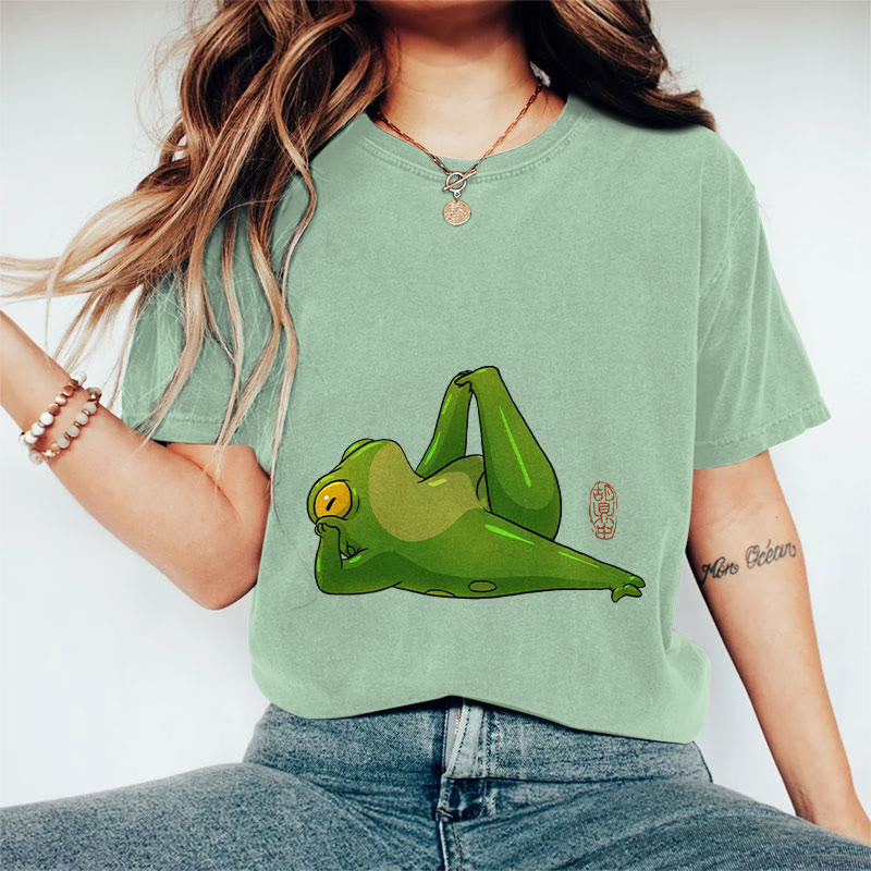 100% Cotton Frog Doing Yoga Art Print Casual T-shirt - Light Green - 2XL - image 7