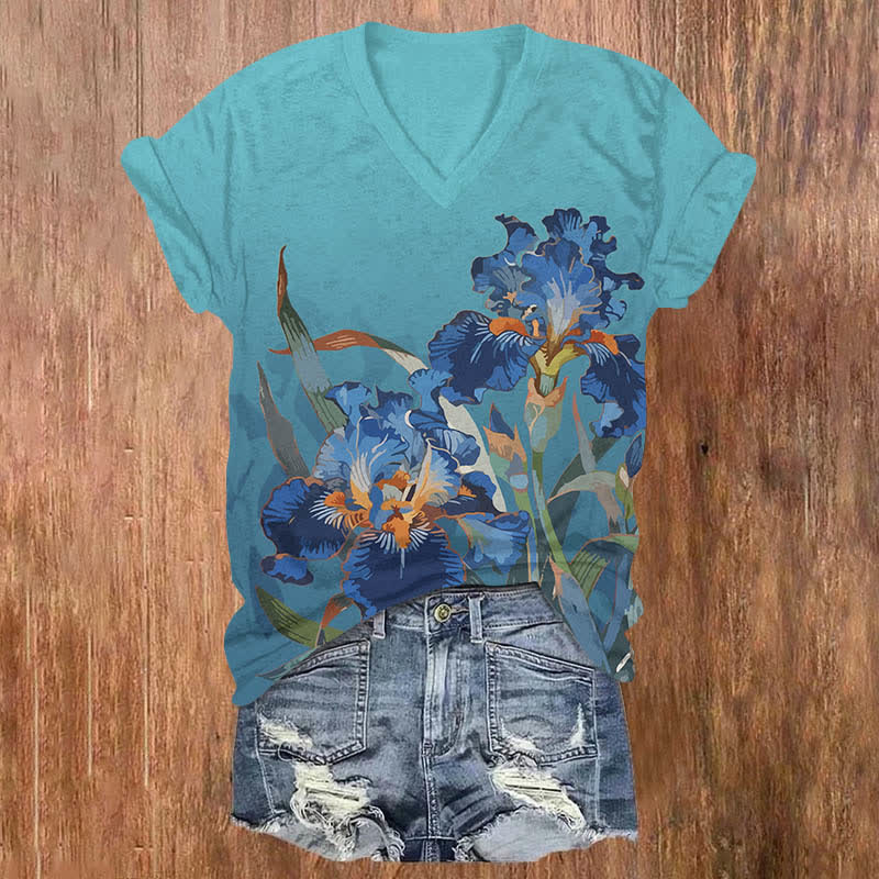 Japanese Vintage Van Gogh Iris Floral Print V-neck T-shirt - Blue - US32-34(5XL) - image 2