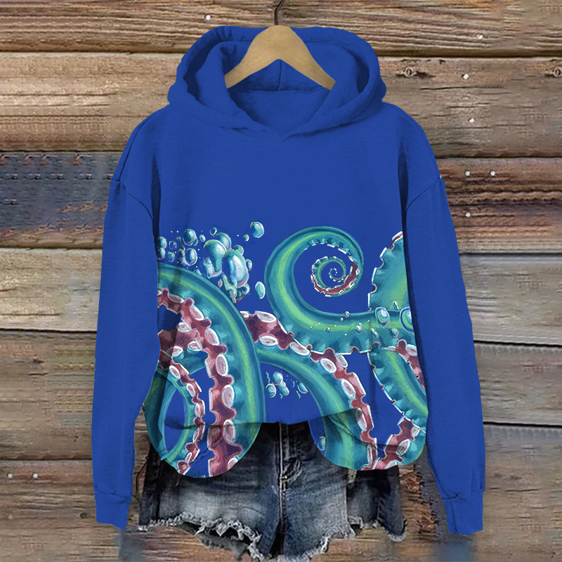 Vintage Cartoon Bubble Octopus Tentacles Art Print Long Sleeve Hoodie - Blue - US44-46(8XL) - image 2