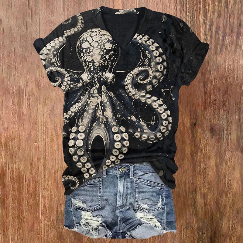 Vintage Octopus Art Print V-neck T-shirt - Apricot - 5XL - image 4