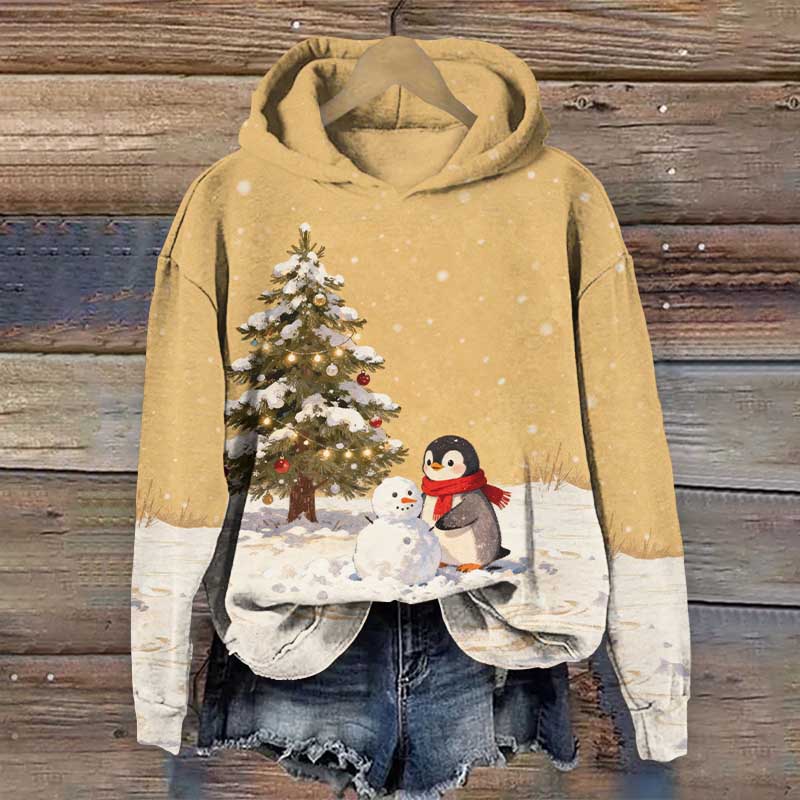 Snowy Christmas Penguins Building Snowmen Art Print Long Sleeve Hoodie - Yellow - US44-46(8XL) - image 2