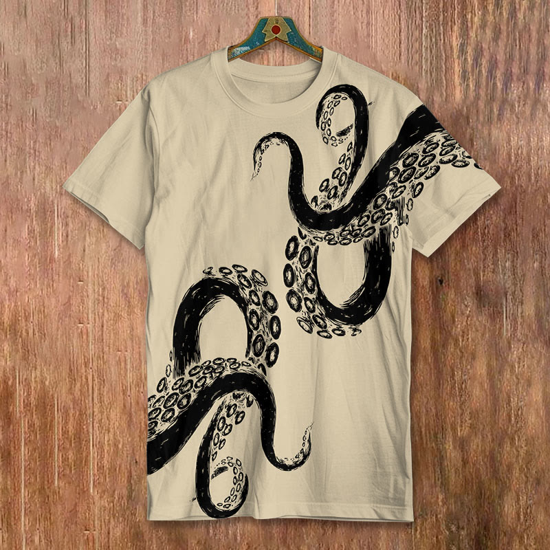 Kraken Octopus Tentacles Abstract Art Print Crew Neck Casual Short Sleeve T-shirt - Apricot - 8XL - image 3