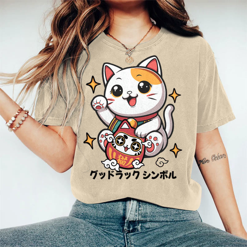 100% Cotton Women's Japanese Cute Lucky Cat Art Print Casual T-shirt - Khaki - 2XL - image 4