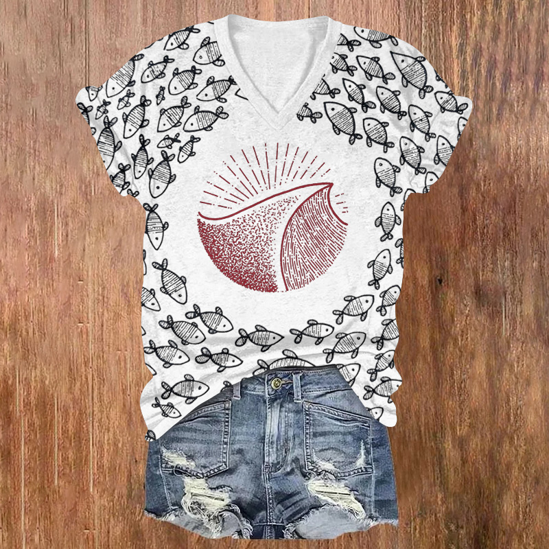 Japanese Zen-style Simple Fish Sketch Printed Short Sleeved V-neck T-shirt - Light Gray - US32-34(5XL) - image 1
