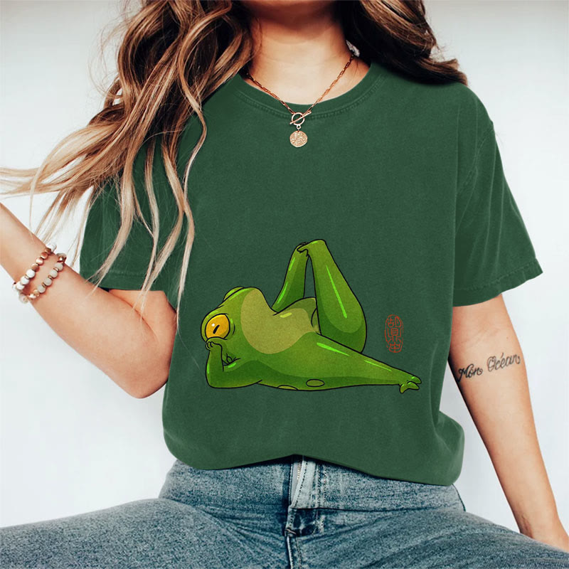 100% Cotton Frog Doing Yoga Art Print Casual T-shirt - Green - 2XL - image 6