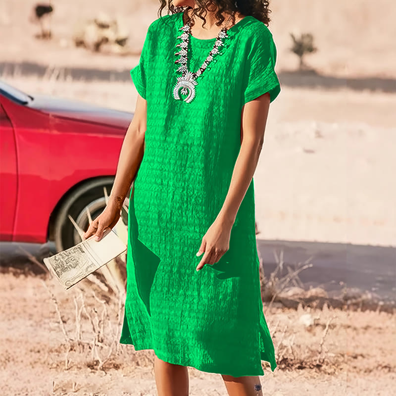 Elegant Solid Wrinkled Texture Round-neck Short-sleeve Slits Dress - Green - 3XL - image 8
