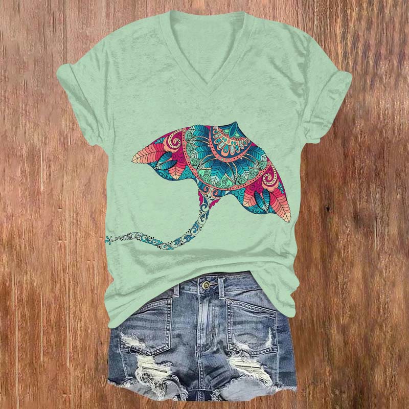 Creative Leaf Patchwork Ray Art Print V-neck T-shirt - Green - US32-34(5XL) - image 2