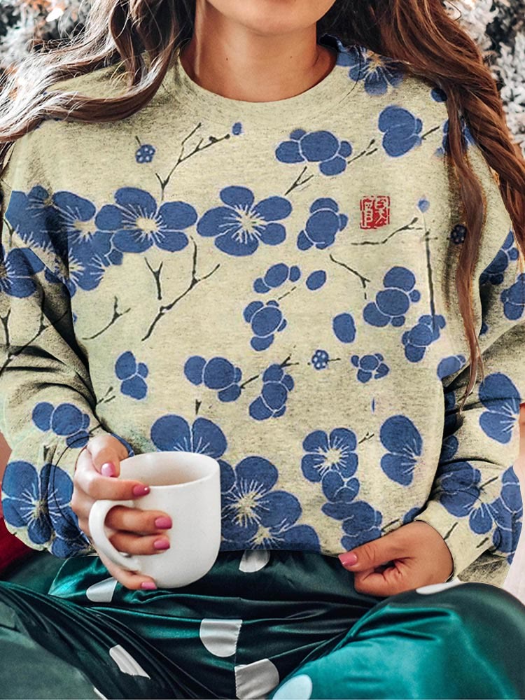 Cherry Blossom Japanese Lino Art Vintage Sweatshirt