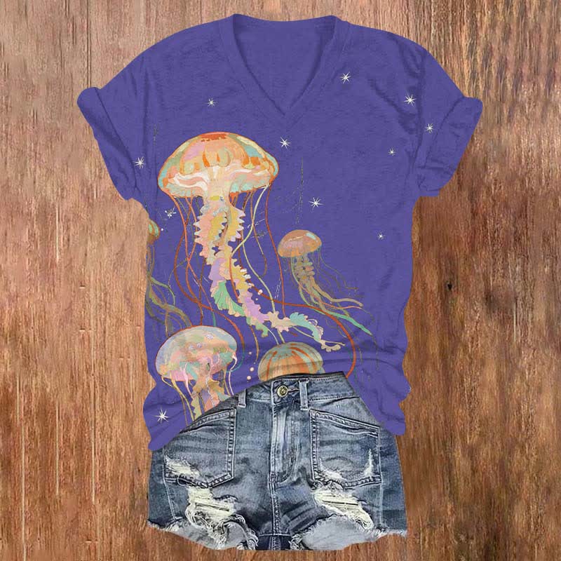 Creative Starry Rainbow Jellyfish Art Print V-neck T-shirt - Purple - US32-34(5XL) - image 3