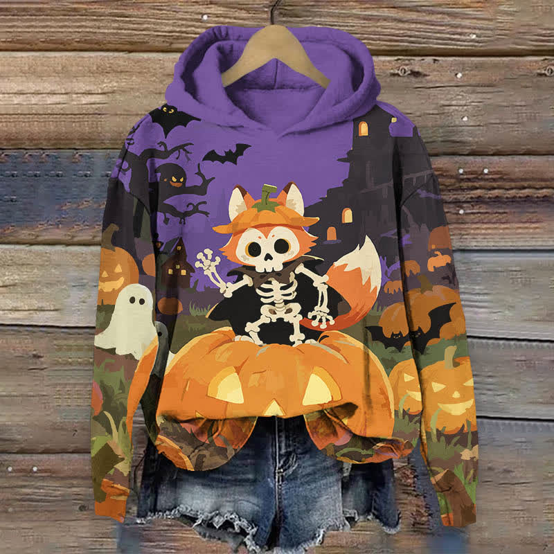 Halloween Bat & Skeleton Fox In A Pumpkin Print Long Sleeve Hoodie - Purple - US44-46(8XL) - image 3