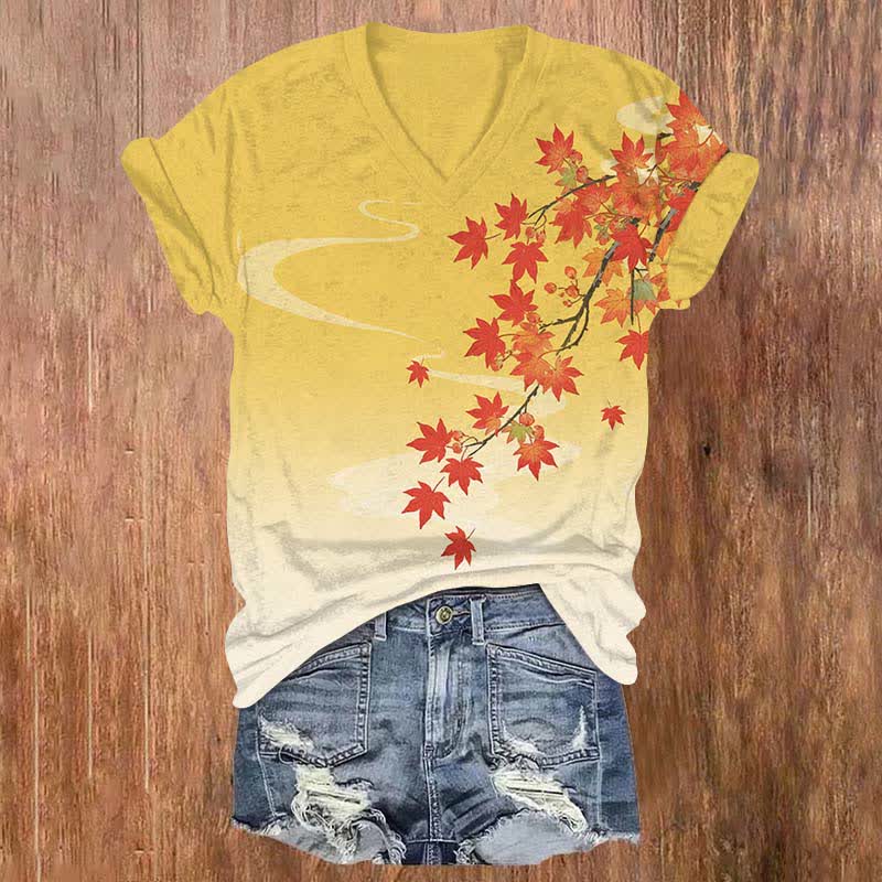 Japanese Autumn Maple Leaf Art Print V-neck T-shirt - Yellow - US32-34(5XL) - image 2