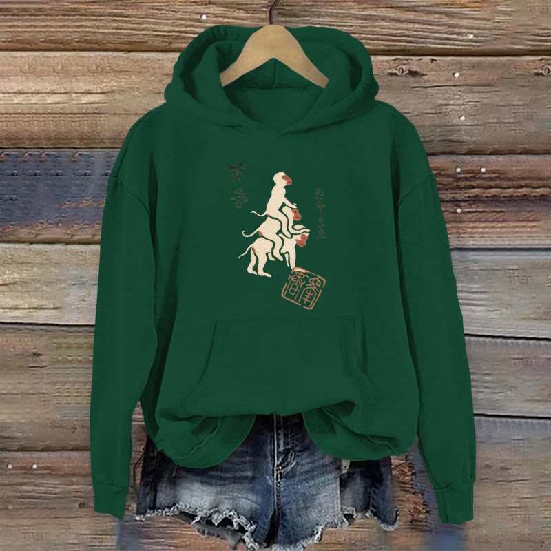 100% Cotton Japanese Art Vintage Monkey Print Women's Hoodie - Green - 2XL - image 3