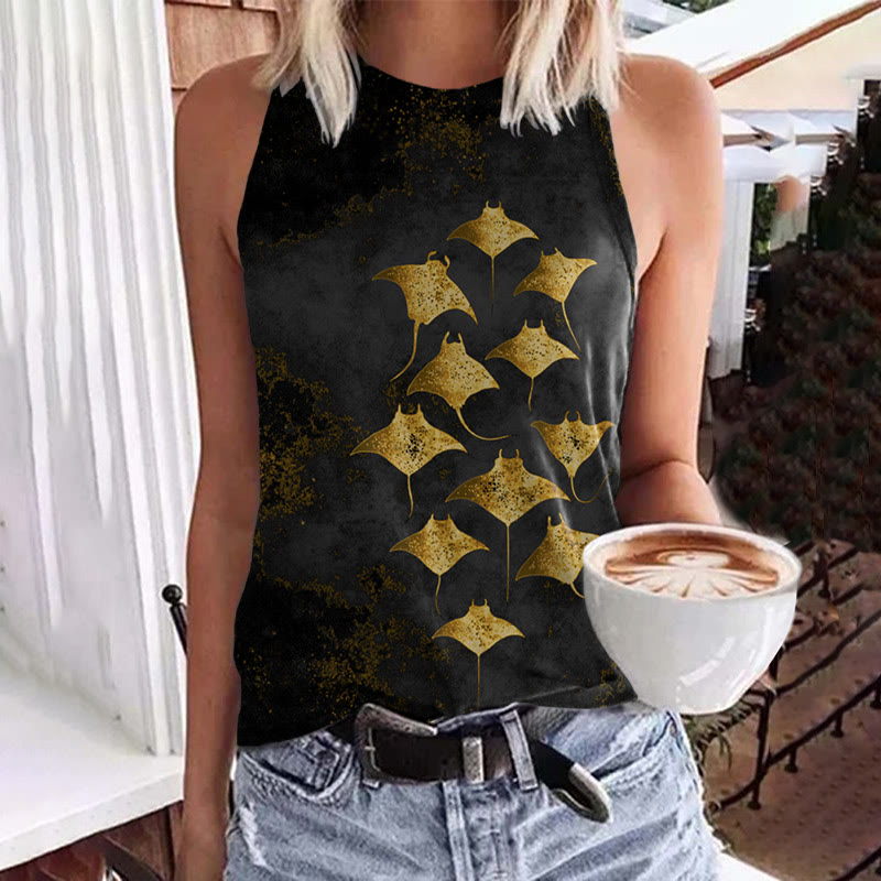 Vintage Manta Ray Art Print Crew Neck Tank Top - Black - 5XL - image 2