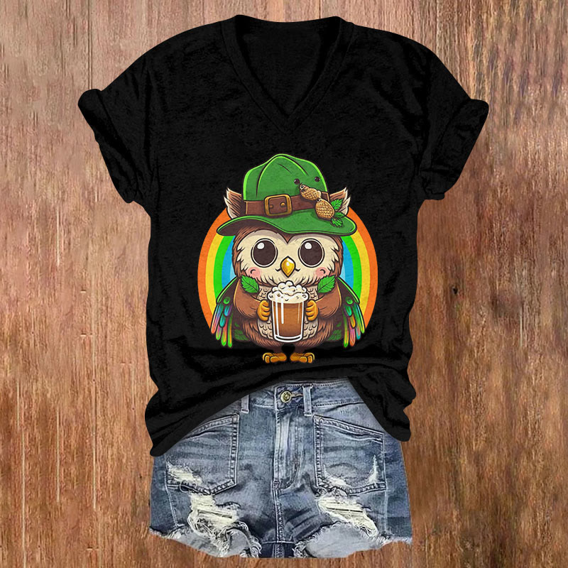 St. Patrick's Day Rainbow Owl Print Short Sleeved V-Neck T-Shirt - Black - US32-34(5XL) - image 3