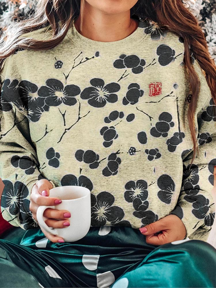 Cherry Blossom Japanese Lino Art Vintage Sweatshirt