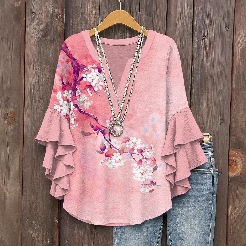 Japanese Antique Pear Blossom Ink Painting Print V-neck Half Sleeve Blouse - Pink - 5XL - image 5