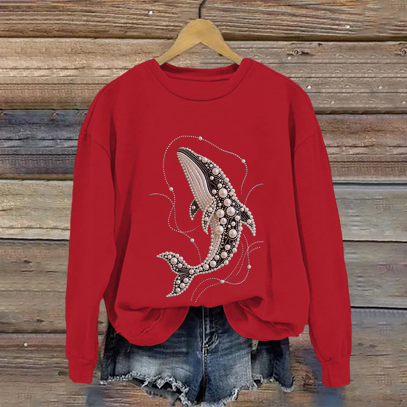 Women's Whale Jewelry Print Long Sleeve Sweatshirt - Red - US16-18(2XL) - image 3