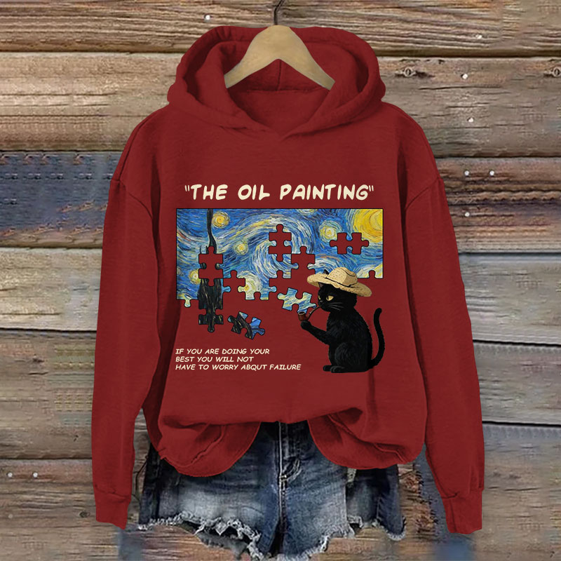 Oil Painting Black Cat Playing Puzzle Pattern Art Print Long Sleeve Hoodie - Red - US44-46(8XL) - image 3