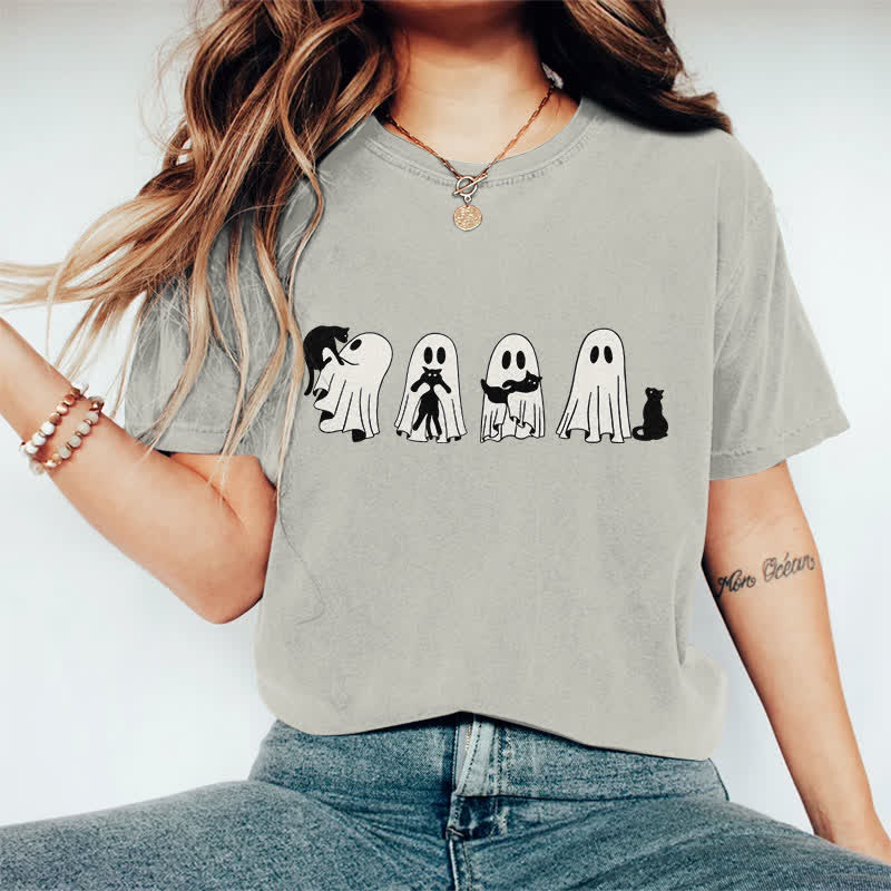 100% Cotton Halloween Ghost Playing With Cats Art Print T-shirt - Warm Grey - 2XL - image 7