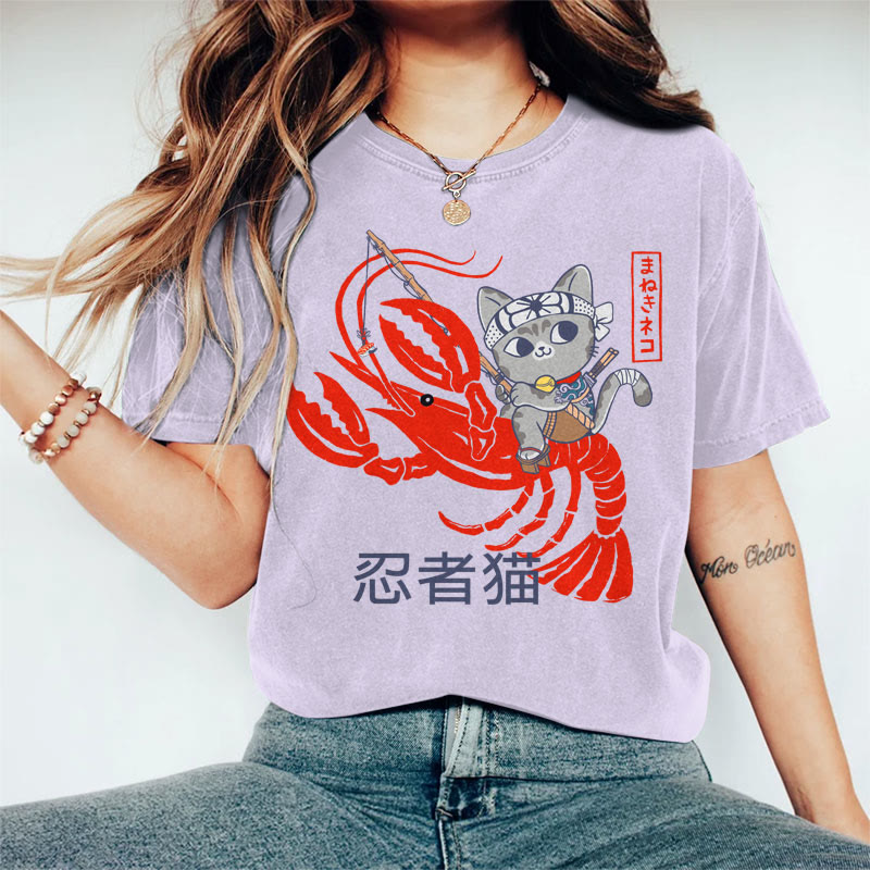 100% Cotton Women's Japanese Ninja Cat Riding Lobster Art Print Casual T-shirt - Purple - 2XL - image 4